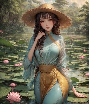 Masterpiece, 4K, ultra detailed, anime Style, 1 beautiful woman with long wavy hair and glossy lips wearing traditional Vietnamese outfit with straw hat, small lotus pond, SFW, depth of field,ao_dai_tet_xl, ukiyoe art style,