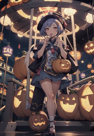 Full body, A cute young girl eating a huge lollipop, walking in a amusement park, carousel and ferris wheel in the background, depth of field, Halloween pumpkins, ,qiqi (genshin impact)