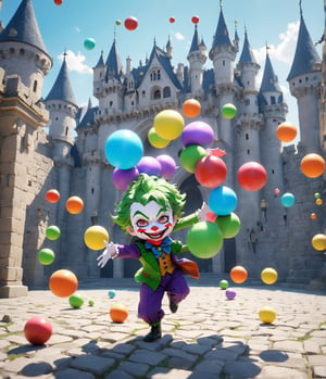 (masterpiece, high quality, 8K resolution, ultra detailed), Chibi anime style, 1 happy joker juggling balls in the castle courtyard, face paint, depth of field, best quality, SFW, 