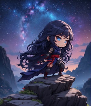 Masterpiece, 4K, ultra detailed, chibi anime style, beautiful female ninja with flawless makeup and glossy lips, long flowy hair wearing ninja outfit, on top of a rocky cliff, looking at the colorful starry night, depth of field, SFW, Ukiyoe Art Style,