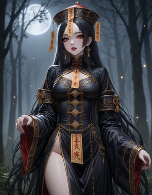 Masterpiece, 4K, ultra detailed, female Jiangshi with flawless goth makeup, paper talisman on forehead and glossy lips, golden earring, wavy long hair, dark silk robe with very long sleeves, in a misty dark forest, moon lights, depth of field, SFW, more detail XL,