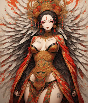 Masterpiece, 4K, ultra detailed, anime style, sexy brown skinned angel girl with angelic makeup enhance by her seductive lips, detailed feather wings, slim and toned waist, SFW, depth of field, Ink art,oiran