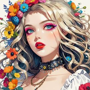 Masterpiece, 4K, ultra detailed, anime style, beautiful punk girl with glamorous makeup and glossy lips, long flowy hair, wild flowers, depth of field, SFW,more detail XL, retro illustrations, Vintage American illustration's 