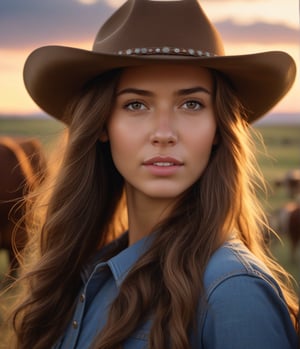 Masterpiece, 4K, ultra detailed, beautiful female cowboy with long hair, depth of field, SFW, sunset, cattle ranch, cowboy hat, windy,