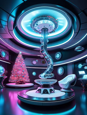 Futuristic living room with biomechanical furnitures, hologram projected Christmas tree, sci-fi, tech, dynamic angle, more detail XL, SFW, solo, SANTA CLAUS, 