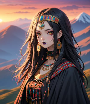 Masterpiece, 4K, ultra detailed, anime style, solo, 1 ancient Inca woman wearing a flowy cape on a mountain top, beautiful flawless face with goth makeup, dangling earrings, colorful headpiece, epic sunset, windy, more detail XL, SFW, depth of field,masterpiece