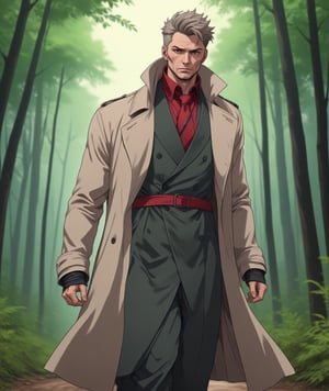 Solo, anime style, Mature Male fighter wearing long flowy trench coat with red stripes, tattoos on chest, detailed eyes, 4k, walking in a forest, windy, highly detailed, (full body portrait), dynamic angle, more detail XL,,<lora:659095807385103906:1.0>