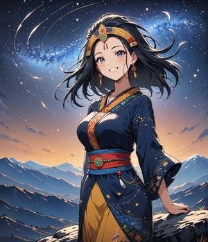 Masterpiece, 4K, ultra detailed, anime style, mature and elegant Inca woman standing on mountain boulder, beautiful flawless face with great makeup smiling, dangling earrings, colorful headpiece, epic starry night, windy, more detail XL, SFW, depth of field, (ukiyoe art style),