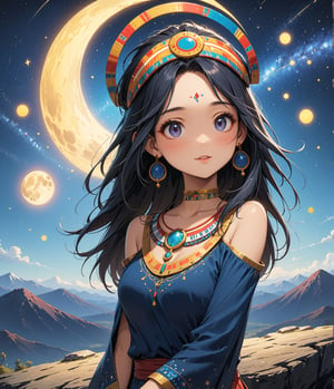 Masterpiece, 4K, ultra detailed, anime style, ancient Inca woman standing on mountain boulder, beautiful flawless face with great makeup, dangling earrings, colorful headpiece, epic starry night, windy, more detail XL, SFW, depth of field, (ukiyoe art style),