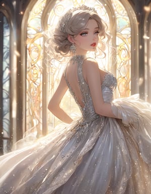 Masterpiece, 4K, ultra detailed, sexy fashion woman, glossy seductive lips and sparkling eye shadow, dangling earrings, fluffy hoop skirt, SFW, depth of field, falling silver dust, Art Nouveau, backlighting,