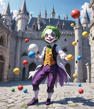 (masterpiece, high quality, 8K resolution, ultra detailed), Chibi anime style, 1 happy joker juggling balls in the castle courtyard, face paint, depth of field, best quality, SFW, 