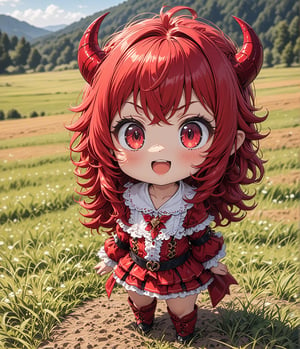 Masterpiece, 4K, ultra detailed, chibi anime style, joyful Satan girl in rural hillside country, SFW, depth of field, Details,