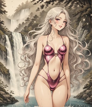 Masterpiece, 4K, ultra detailed, sexy long wavy white hair Satan girl with glamorous makeup wearing skimpy and metallic sparkle swimsuit, smiling with her pink glossy lips, SFW, depth of field, ,more detail XL, (ukiyoe art style), water splash and waterfall, ,vintagepaper