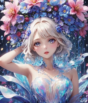 Masterpiece, 4K, ultra detailed, elegant and sexy woman made of luminrous liquid, perfect makeup, SFW, depth of field, fantasy flowers,