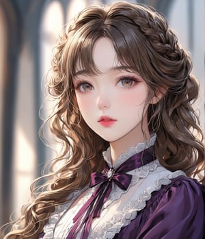 Masterpiece, 4K, ultra detailed, anime Style, 1 beautiful woman with long wavy hair and glossy lips wearing traditional Victorian outfit, short lace gloves, SFW, depth of field,shuimo style