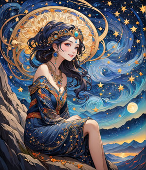 Masterpiece, 4K, ultra detailed, anime style, mature and elegant woman sitting on mountain top boulder, beautiful flawless face with great makeup smiling, dangling earrings, colorful headpiece, epic starry night, windy, more detail XL, SFW, depth of field, Ink art, art nouveau 