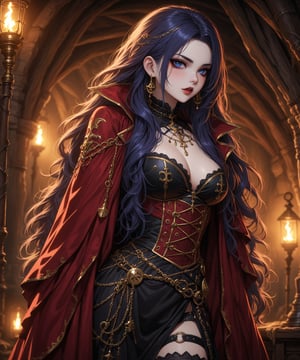 Masterpiece, 4K, ultra detailed, beautiful female pirate with flawless goth makeup, beautiful detailed blue eyes and glossy lips, golden earring, wavy long hair, dark red silk robe, in a secret hideout, torch lights, depth of field, SFW, more detail XL,