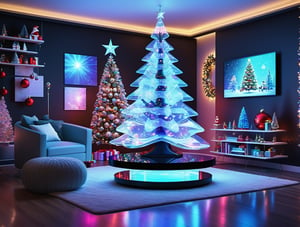 Futuristic living room with high tech furnitures, hologram projected Christmas tree, dynamic angle, more detail XL, SFW, solo, SANTA CLAUS, ,DonMF43Dr4g0n 