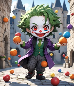 (masterpiece, high quality, 8K resolution, ultra detailed), Chibi anime style, 1 happy joker juggling balls in the castle courtyard, face paint, depth of field, best quality, SFW, 