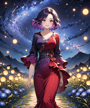 Masterpiece, 4K, ultra detailed, beautiful black and purple ombre hair mature woman walking in a flowering pathway wearing short sparkly red satin dress, perfect makeup and smiliing, epic starry night, windy, more detail XL, SFW, depth of field, (ukiyoe art style),