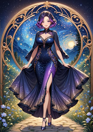 Masterpiece, 4K, ultra detailed, beautiful black and purple ombre hair mature woman walking in a flowering forest pathway wearing short sequin dress with lace trimming, perfect makeup and smiling, sparkly stilettos high heels, epic starry night, more detail XL, SFW, depth of field, (art nouveau style),