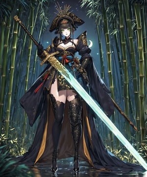 Masterpiece, 4K, ultra detailed, ((solo)), anime art style, beautiful swordswoman, beautiful detailed eyes and glamorous makeup ,stilettos high heels and stockings, bamboo forest at nighttime, moonlight, more detail XL, SFW, depth of field, glowing sword, ,kabuki
