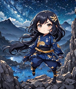 Masterpiece, 4K, ultra detailed, chibi anime style, strong female ninja with flawless makeup and glossy lips, long flowy hair wearing ninja outfit, on top of a rocky cliff, starry night, depth of field, SFW, Ukiyoe Art Style,