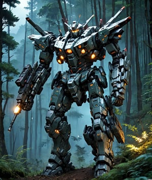 anime style, futuristic mech armor power suit in a forest at nighttime, moving on a hillside, dynamic angle, more detail XL,armored core,机甲