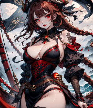 Masterpiece, 4K, ultra detailed, beautiful long braided brown hair pirates woman on a haunted sailboat, glowing red eyes with goth makeup, busty, foggy and windy, more detail XL, SFW, depth of field, (ukiyoe art style), Details,