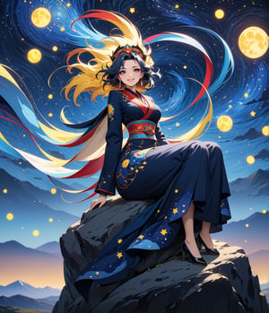 Masterpiece, 4K, ultra detailed, anime style, mature and elegant woman sitting on mountain top boulder, beautiful flawless face with great makeup smiling, dangling earrings, colorful headpiece, epic starry night, windy, more detail XL, SFW, depth of field, (ukiyoe art style),