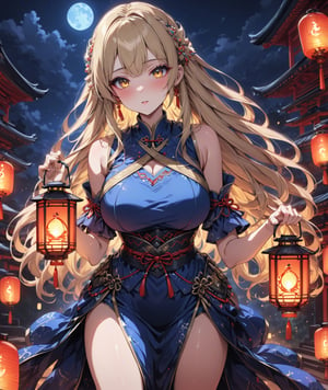 ((anime style)),  masterpiece, 4K, 1 blonde girl with long hair wearing a traditional Asian dress holding a lantern, large breasts and detail eyes looking at viewers, more detail XL, SFW,  nighttime, moonlight, walking pose, ,F41Arm0rXL 