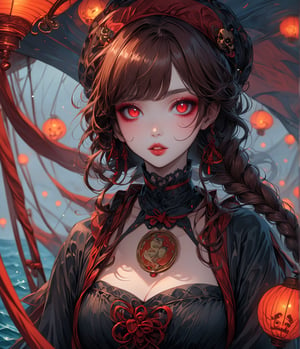 Masterpiece, 4K, ultra detailed, beautiful long braided brown hair pirates woman on a haunted sailboat, glowing red eyes with goth makeup, busty, foggy and windy, SFW, depth of field, (ukiyoe art style), Details, ((art Nouveau style)),