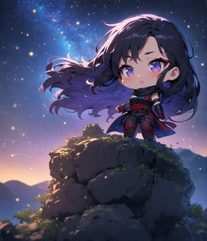 Masterpiece, 4K, ultra detailed, chibi anime style, strong female ninja with flawless makeup and glossy lips, long flowy hair wearing ninja outfit, on top of a rocky cliff, starry night, depth of field, SFW,