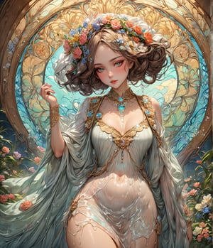 Masterpiece, 4K, ultra detailed, fashionable woman made of luminrous liquid, perfect makeup, SFW, depth of field, Art nouveau flowers,