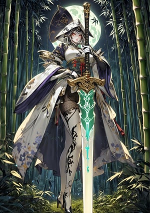 Masterpiece, 4K, ultra detailed, ((solo)), anime art style, beautiful swordswoman, beautiful detailed eyes and glamorous makeup ,white stilettos high heels and stockings, bamboo forest at nighttime, moonlight, more detail XL, SFW, depth of field, glowing sword, ,kabuki