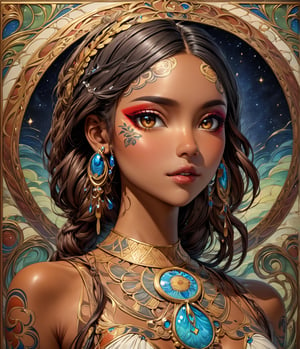 Masterpiece, 4K, ultra detailed, anime style, 1 brown skinned female American Indians chief looking at viewers, beautiful flawless face with glamourous makeup, dangling crystal earrings, more detail XL, SFW, depth of field, art nouveau style,Ink art