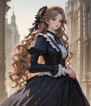 Masterpiece, 4K, ultra detailed, anime Style, 1 beautiful woman with long wavy hair and glossy lips wearing traditional Victorian outfit, SFW, depth of field,shuimo style