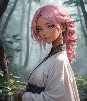 (masterpiece, high quality, 8K resolution, ultra detailed), sexy tan skinned woman with glamourous makeup, smokey eyeshadow, pink hair, depth of field,han fu, long sleeve, best quality, SFW, misty magical forest,