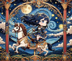 Masterpiece, 4K, ultra detailed, chibi anime style, beautiful girl riding on carousel, epic starry night, windy, more detail XL, SFW, depth of field, Ink art, art nouveau 