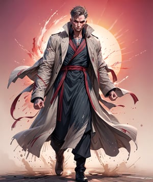 Solo, Mature Male fighter wearing long flowy trench coat with red stripes, tattoos on chest, detailed eyes, fighting stance poses, 4k, windy, highly detailed, (full body portrait), dynamic angle, ink splash style, sunset, more detail XL,,<lora:659095807385103906:1.0>