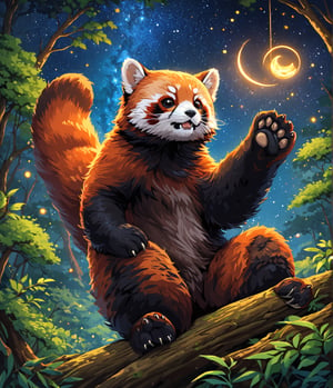 Masterpiece, 4K, ultra detailed, 1 adorable red panda on a forest, epic night sky, more detail XL, SFW, depth of field,Ink art, 