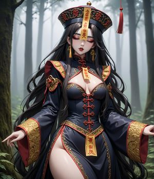 Masterpiece, 4K, ultra detailed, anime style, frightening female Jiangshi with flawless goth makeup, paper talisman on forehead and glossy lips, eyes closed, golden earring, wavy long hair, dark silk robe with very long sleeves, in a misty dark forest, depth of field, SFW, more detail XL,