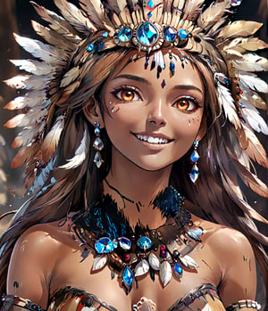 Masterpiece, 4K, ultra detailed, anime style, 1 brown skinned female American Indians chief smiling at viewers, beautiful flawless face with glamourous makeup, dangling crystal earrings, more detail XL, SFW, depth of field, ,Ink art