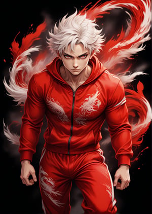 Male fighter with white hair wearing red tracksuit with black stripes, detailed eyes, 4k, windy, highly detailed, (full body portrait), dynamic angle, ink splash style, standing poses, more detail XL,dragon chinese,<lora:659095807385103906:1.0>
