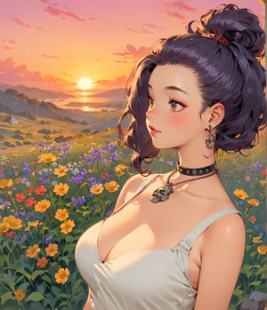 Masterpiece, 4K, ultra detailed, sexy punk woman, choker necklace, long flowy hair, wild flowers, depth of field, SFW, Ukiyoe Art Style, Vintage American illustration's,KidsRedmAF, sunset,