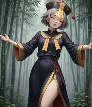 Masterpiece, 4K, ultra detailed, anime style, female Jiangshi with flawless makeup, yellow paper talisman on forehead and glossy lips, eyes closed, dark sheer robe with very long sleeves, arm stretches out to the front, in a misty dark bamboo forest, depth of field, SFW, more detail XL, Ukiyoe Art Style,