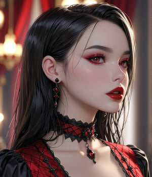 Masterpiece, 4K, ultra detailed, sexy goth lady in red, glossy seductive lips, dangling earrings, SFW, depth of field, xxmixgirl