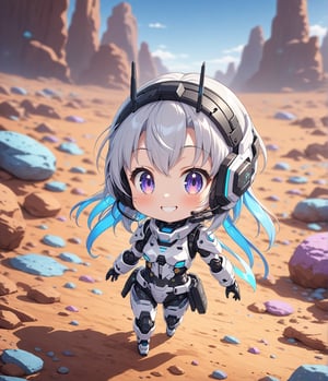 Masterpiece, 4K, ultra detailed, chibi anime style, cyber robot girl wearing tactical headset with fin antenna, smiling at viewers, SFW, walking on colorful rocky space terrain, depth of field, 