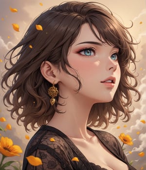 Masterpiece, 4K, ultra detailed, beautiful lady with natural makeup, beautiful detailed eyes and glossy lips, golden earring, brown and black ombre hair, romantic flower petals, colorful bellowing smoke, windy, depth of field, SFW,