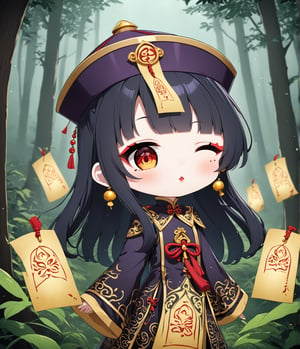 Masterpiece, 4K, ultra detailed, chibi anime style, frightening female Jiangshi with flawless goth makeup, paper talisman on forehead and glossy lips, eyes closed, golden earring, wavy long hair, dark silk robe with very long sleeves, in a misty dark forest, depth of field, SFW, more detail XL,